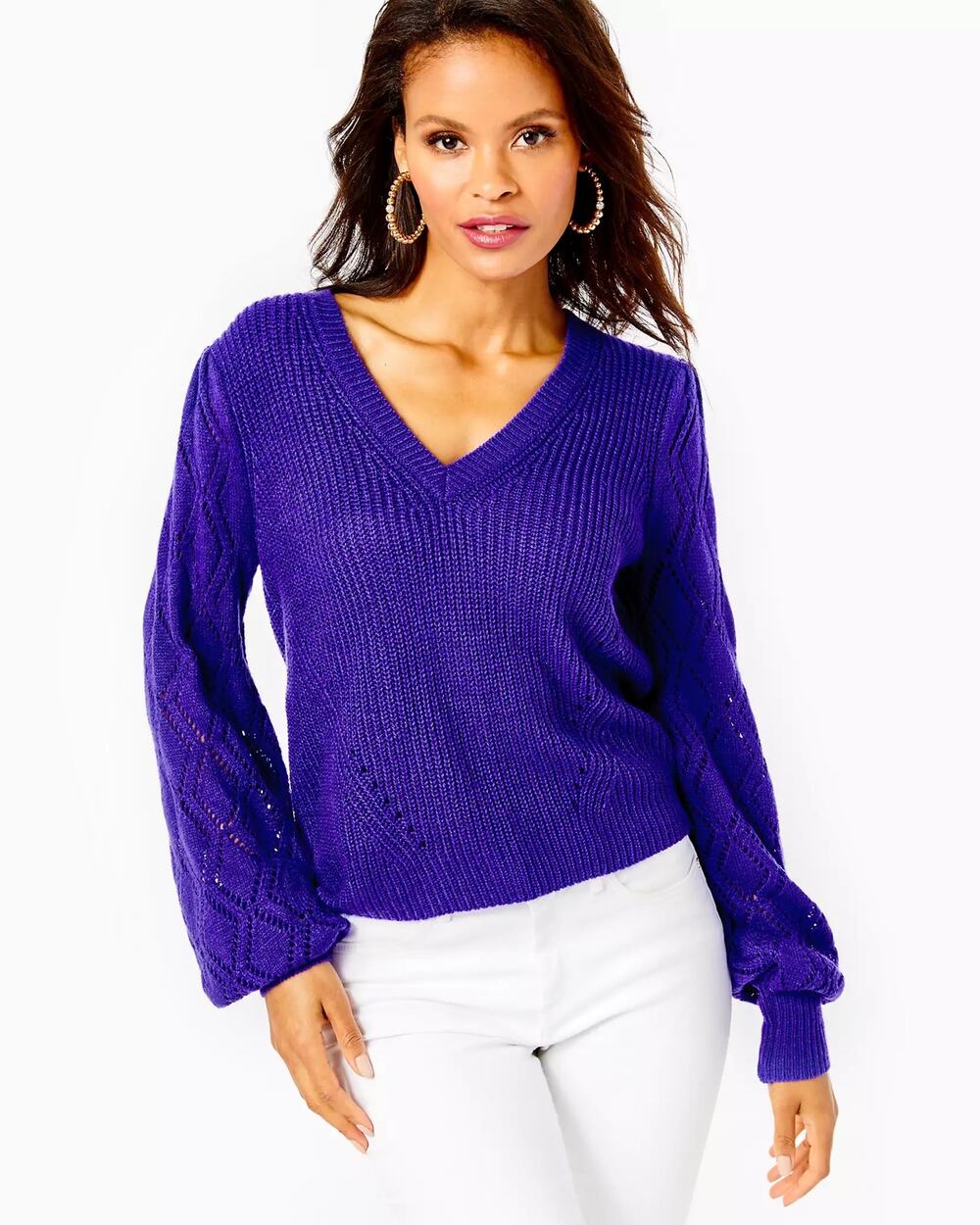 Preppy Purple V-Neck Knit Eyelet Lulette Blouson Lilly Pulitzer Sweater Lounge